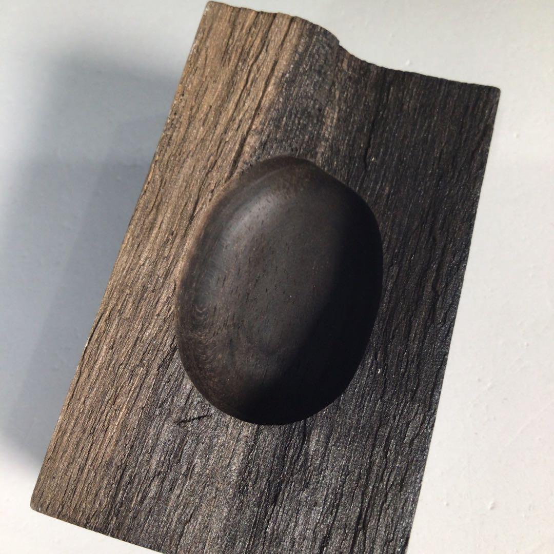 Ｎ７２９　香合　『中林星山作』『芦に雁蒔絵』『黒柿割香合』　共箱　茶道具