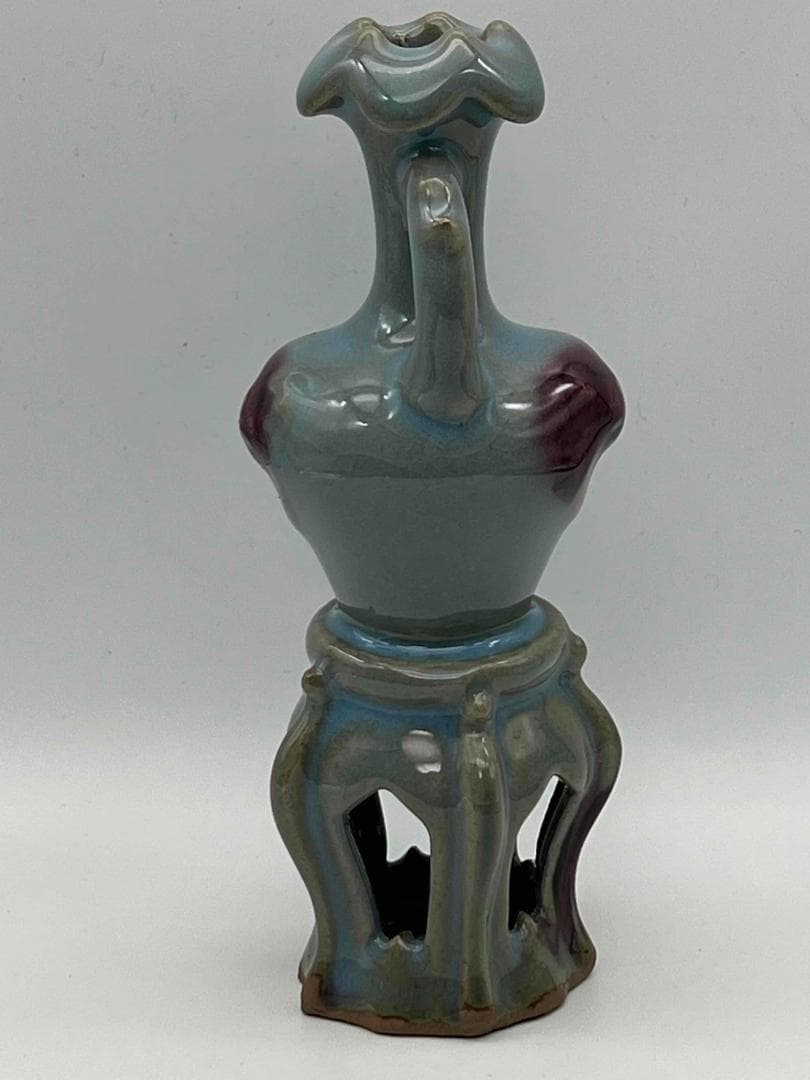 元時代 鈞窯 澱青釉紫斑花瓶型高台香炉 窯変釉　辰砂　名品珍品(D-47)