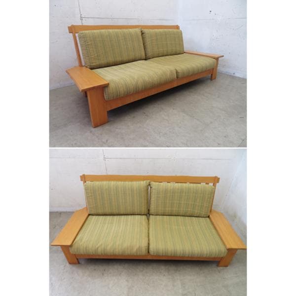 美品■大川家具■園田産業■和モダン■タモ材■天然木■3人掛けソファ