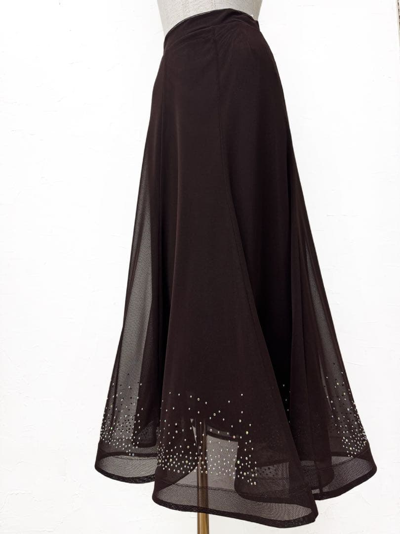 【レアカラー】新品 ブラウン　裾ホースヘアーラインストーンロングスカートｄ097