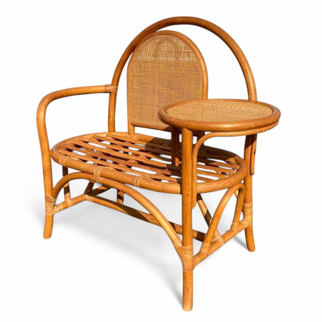 ラタン テレフォンべンチ 藤家具 椅子 テーブル付き 昭和レトロ ヴィンテージ