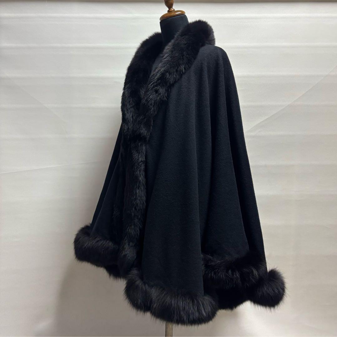 カシミヤケープマント フォックストリミング ロング丈 ブラック レディース