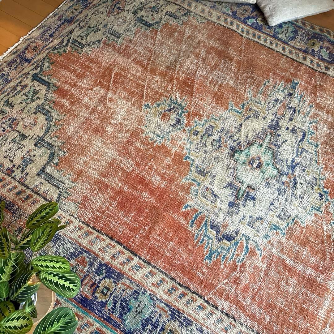 大判162×227 夕焼けオレンジ　貴重　メダリオン　トルコヴィンテージラグ