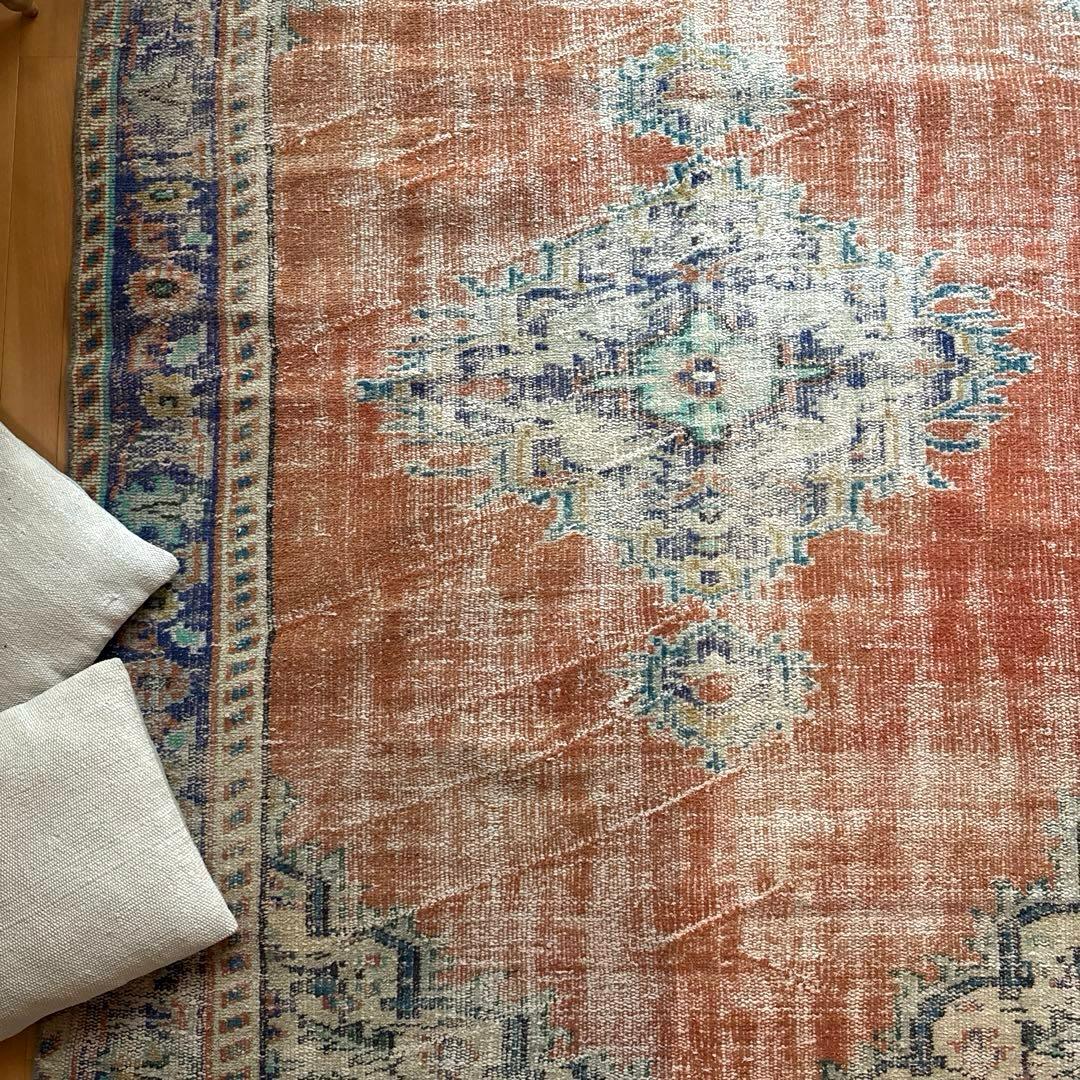 大判162×227 夕焼けオレンジ　貴重　メダリオン　トルコヴィンテージラグ