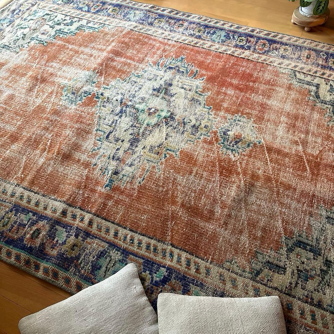 大判162×227 夕焼けオレンジ　貴重　メダリオン　トルコヴィンテージラグ