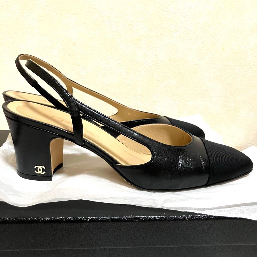 【美品】CHANEL シャネル スリングバック シューズ 38.5 ブラック