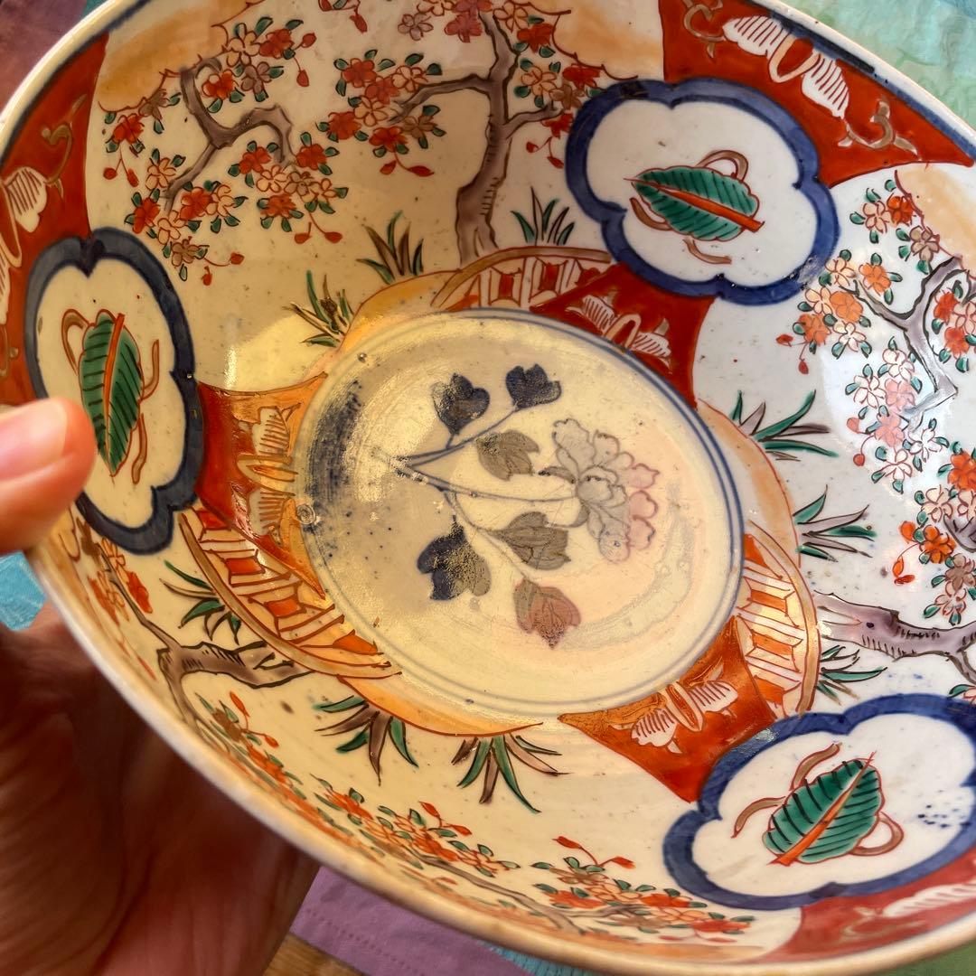 幕末明治　金彩　色絵　染付　獅子　牡丹　深鉢