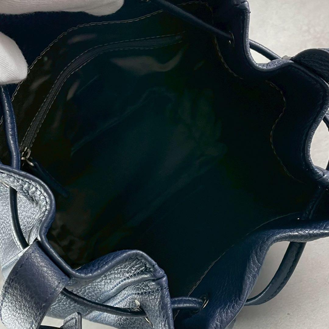 極美品✨土屋鞄 クラルテ 巾着 ギャザーショルダー バッグ ネイビー フリンジ