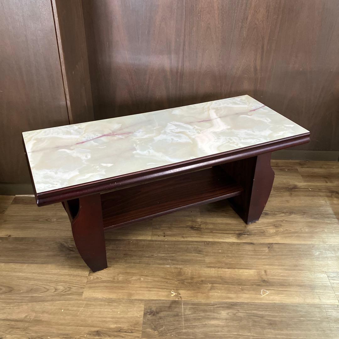 C-4アンティーク センターテーブル 大理石柄天板 マガジンラック付ローテーブル