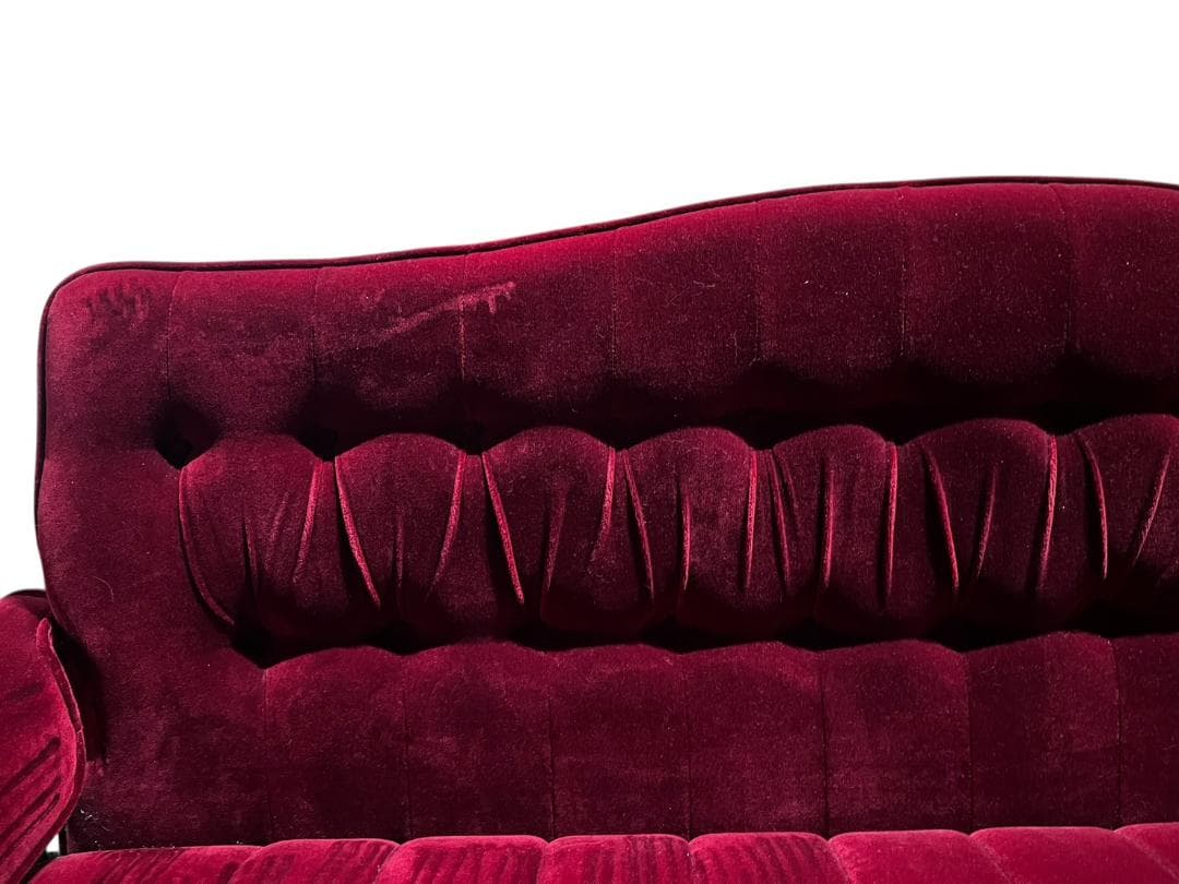 ◇昭和レトロ 古家具 3人掛けベロアソファー アームチェア ヴィンテージ 赤
