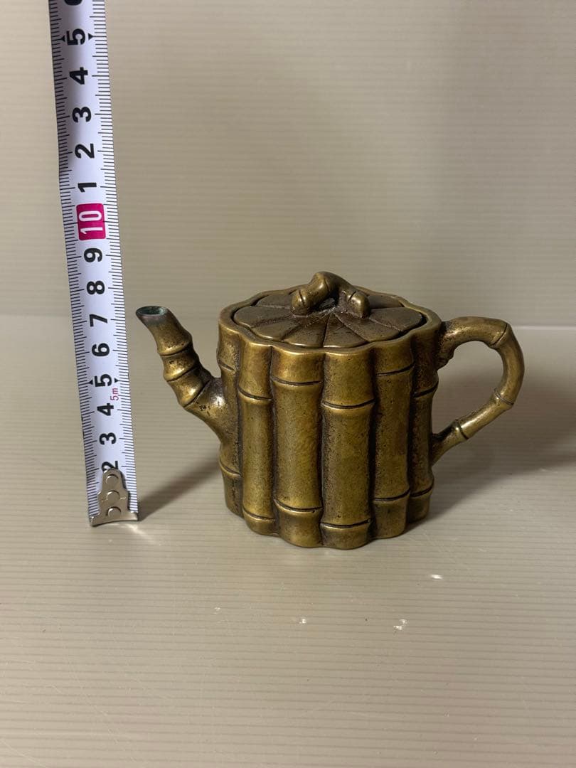 2357 中国骨董　乾隆御製銘　金銅竹節　急須　時代物