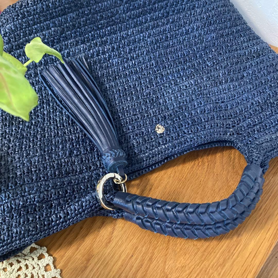 【美品】HELEN KAMINSKIレザーハンドル ラフィア トート バッグ