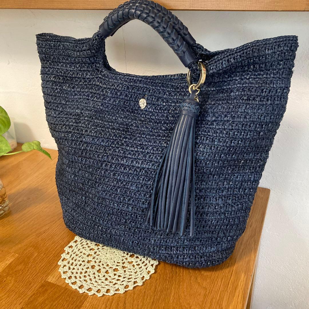 【美品】HELEN KAMINSKIレザーハンドル ラフィア トート バッグ