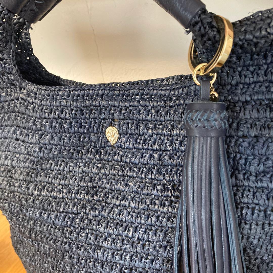 【美品】HELEN KAMINSKIレザーハンドル ラフィア トート バッグ