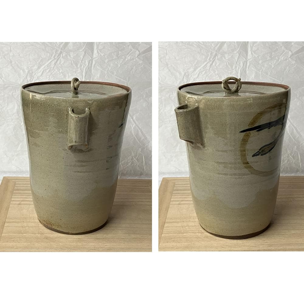 F1408 虫明焼 耳付水指 月に雁 木箱入り 水指 茶道具