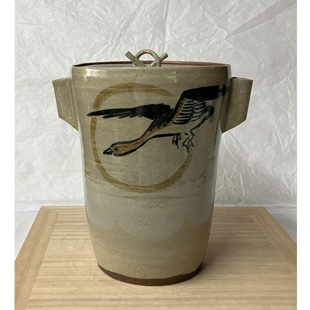 F1408 虫明焼 耳付水指 月に雁 木箱入り 水指 茶道具