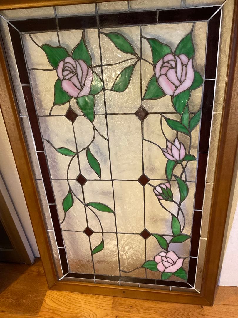 額装 ステンドグラス　薔薇 バラ　窓　アンティーク　ヴィンテージ　大正 浪漫