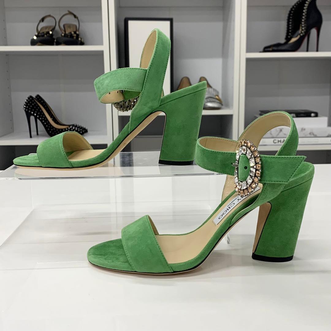 ジミーチュウ スエード ビジュー ストラップ サンダル ライトグリーン