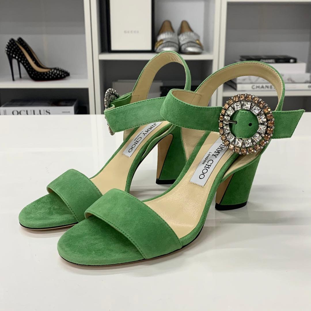 ジミーチュウ スエード ビジュー ストラップ サンダル ライトグリーン