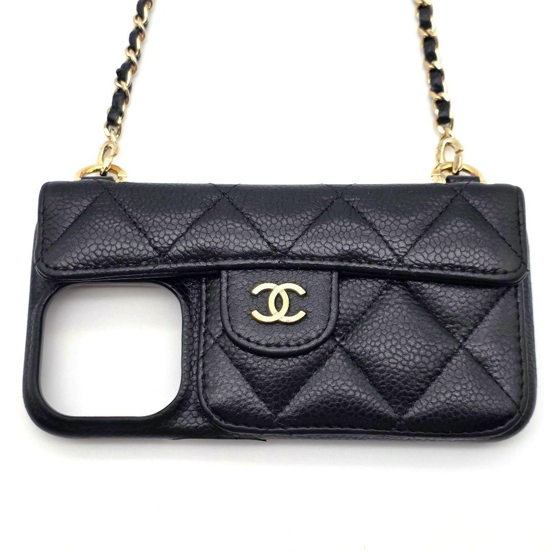 CHANEL iphone15proケース マトラッセ チェーン レザー