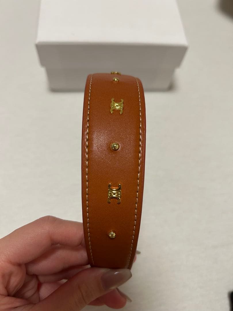 ブラウンレザー ゴールドスタッズ ヘッドバンド