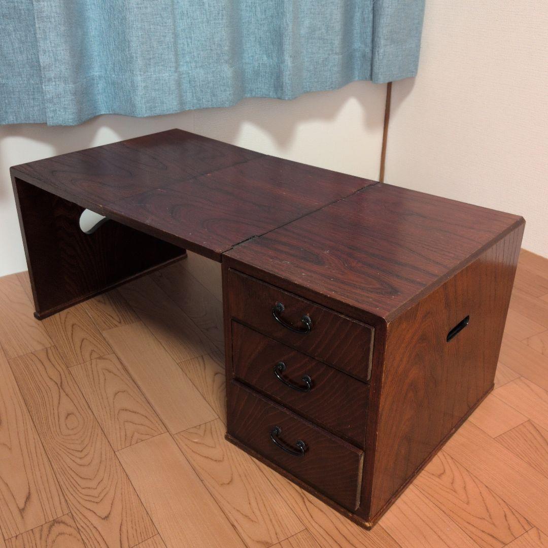 片袖机レトロ木製折りたたみ座机　テーブル 引き出し3つ付き文机