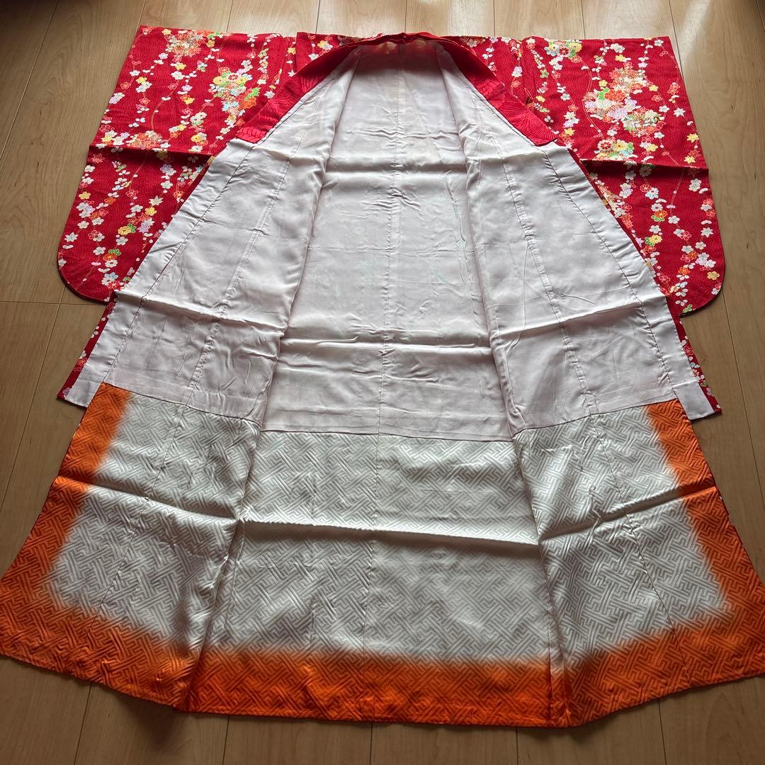 60 正絹？　真紅×小花柄　七五三着物セット　被布　3歳　日本製