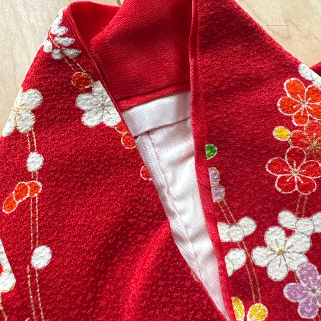 60 正絹？　真紅×小花柄　七五三着物セット　被布　3歳　日本製