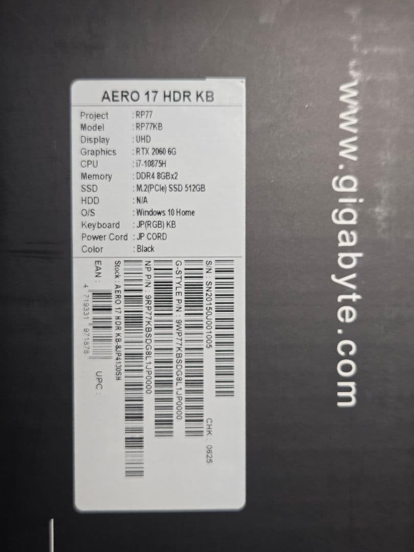 Windowsノート本体 GIGABYTE AERO 17 UHD i7-10875H RTX2060
