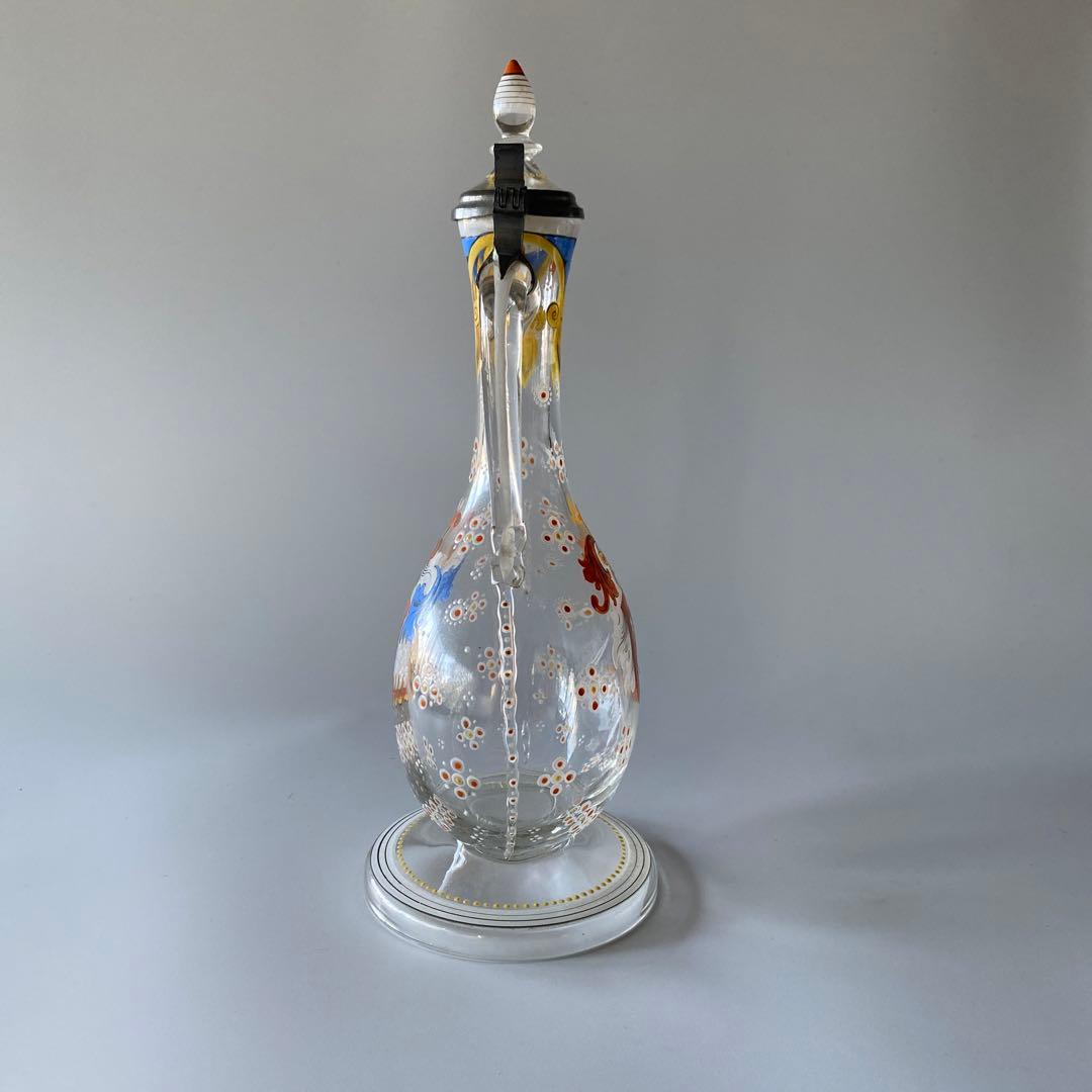 18世紀末 ドイツ 紋章入り エナメル彩ガラス デキャンタ 蓋付