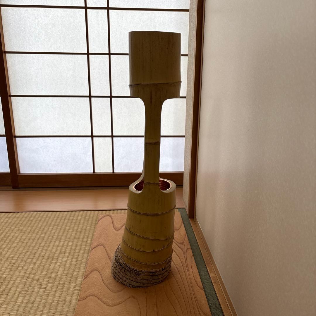 45 美品　根付き　二重切り　二重切　 生け花　竹花入れ　華道具