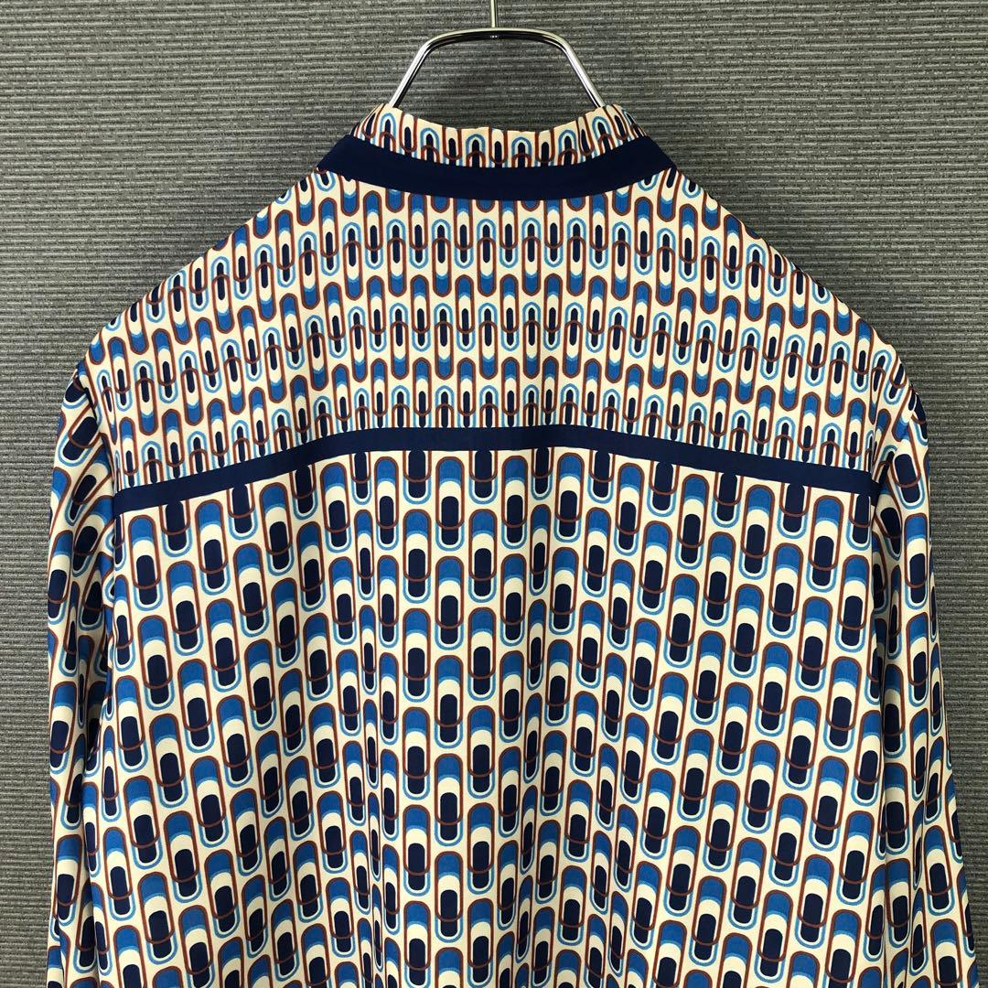 allureville 幾何学プリント配色ナロータイブラウス 2 ブルー