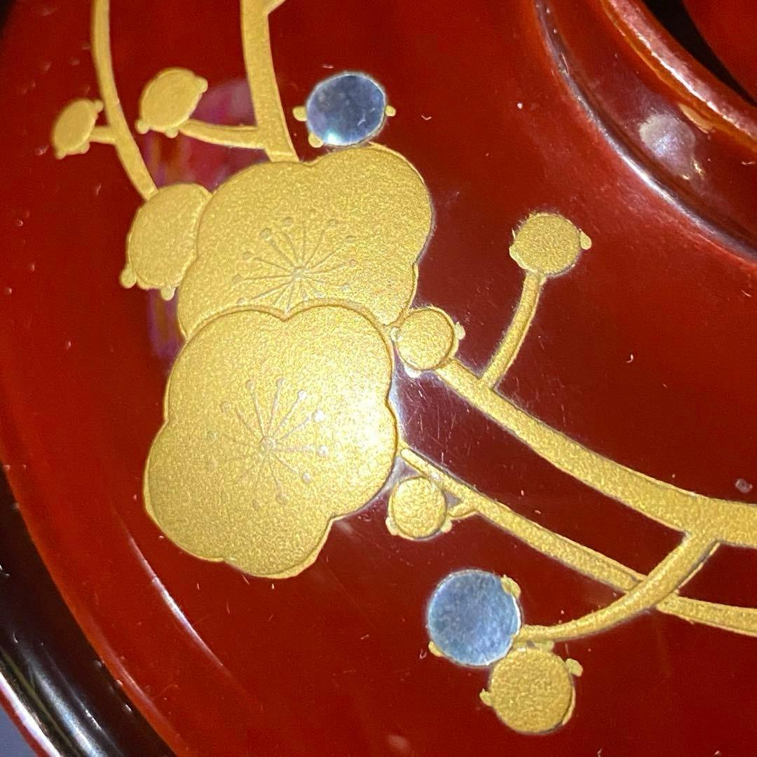 大正時代物骨董　天然木製漆器椀　梅柄金蒔絵・螺鈿　外朱内黒　菓子椀・雑煮椀　二客