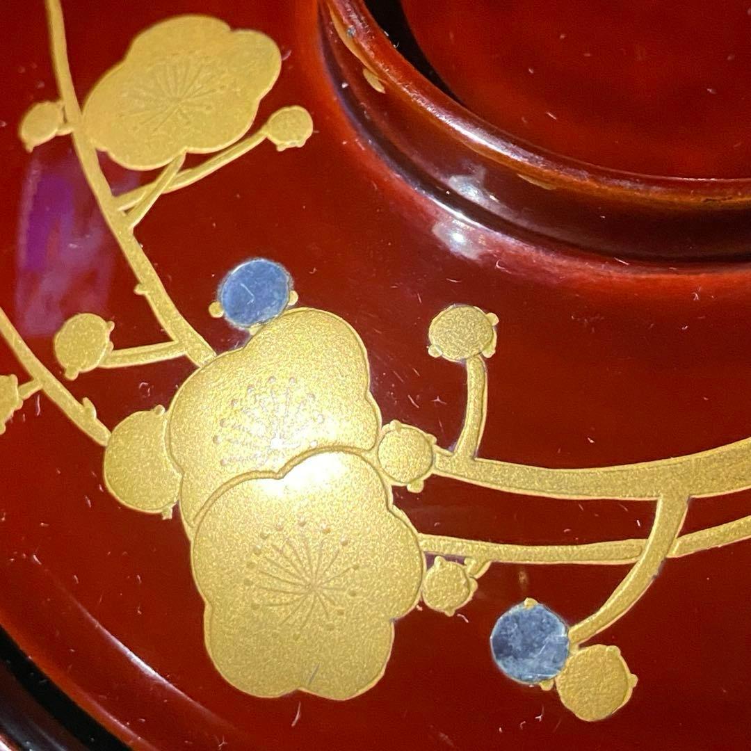 大正時代物骨董　天然木製漆器椀　梅柄金蒔絵・螺鈿　外朱内黒　菓子椀・雑煮椀　二客