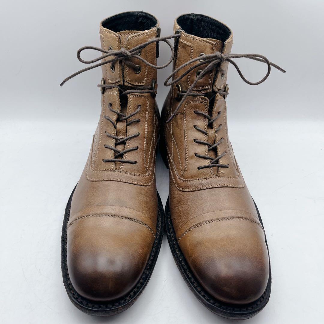 フープディドゥ ストレートチップ サイドジップ レースアップブーツ 茶 40
