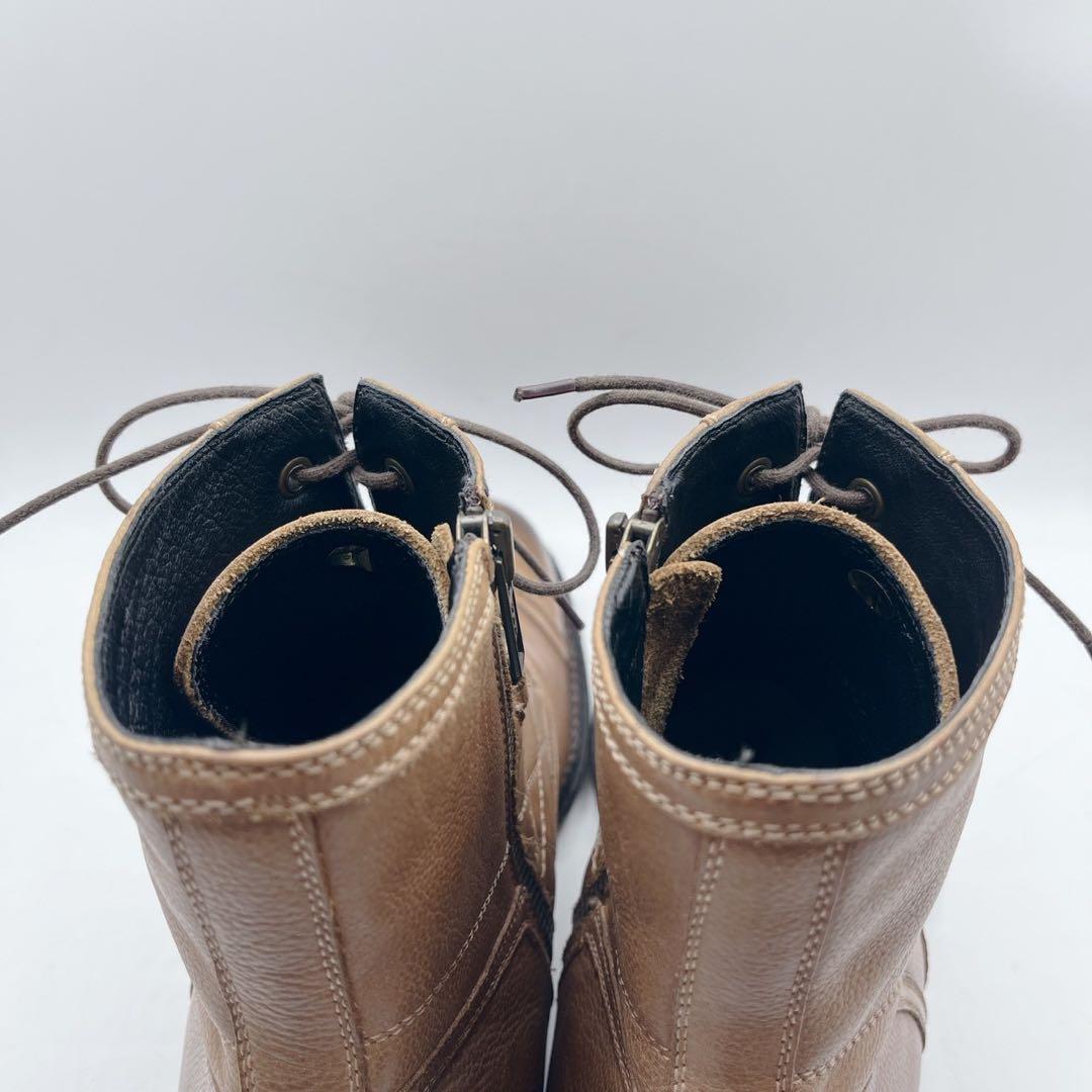 フープディドゥ ストレートチップ サイドジップ レースアップブーツ 茶 40