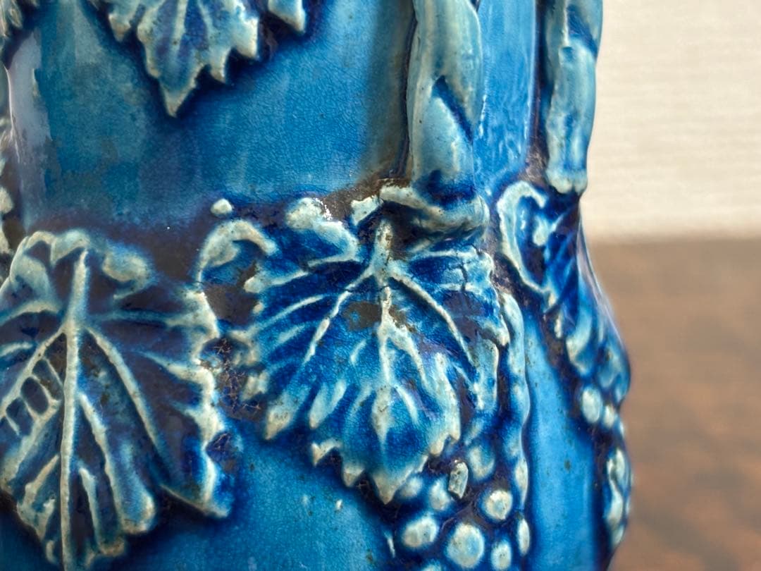 李朝　総瑠璃釉 葡萄文小壷 /骨董 古美術 壺 茶道具 唐物 染付 古玩