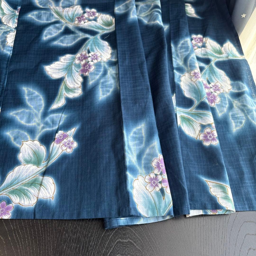【未使用近い美品】 綿絽浴衣 単品 夏の風情◆上品な紺地×花模様◆希少裄丈長め