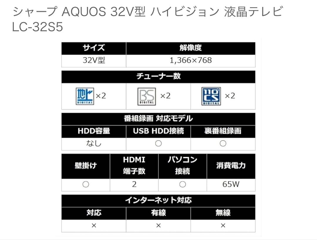 シャープ AQUOS 32V型 ハイビジョン 液晶テレビ LC-32S5 美品