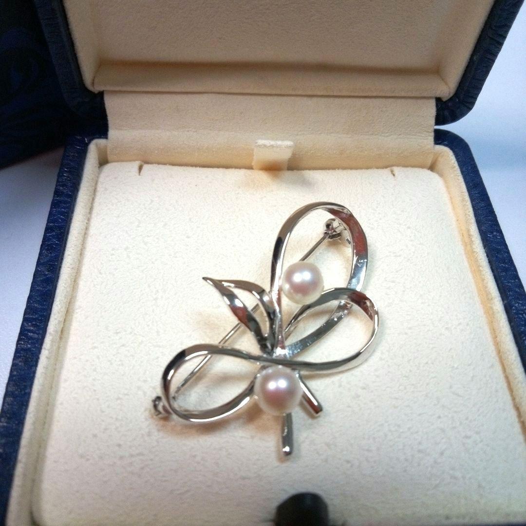 MIKIMOTO ヴィンテージ シルバー パールブローチ リボンリーフ
