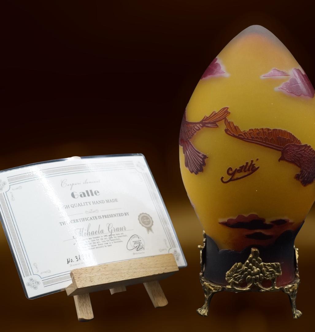 【証明書】エミールガレ　一灯ランプ 　鷹紋　カメオ彫り　被せガラス　高さ33ｃｍ