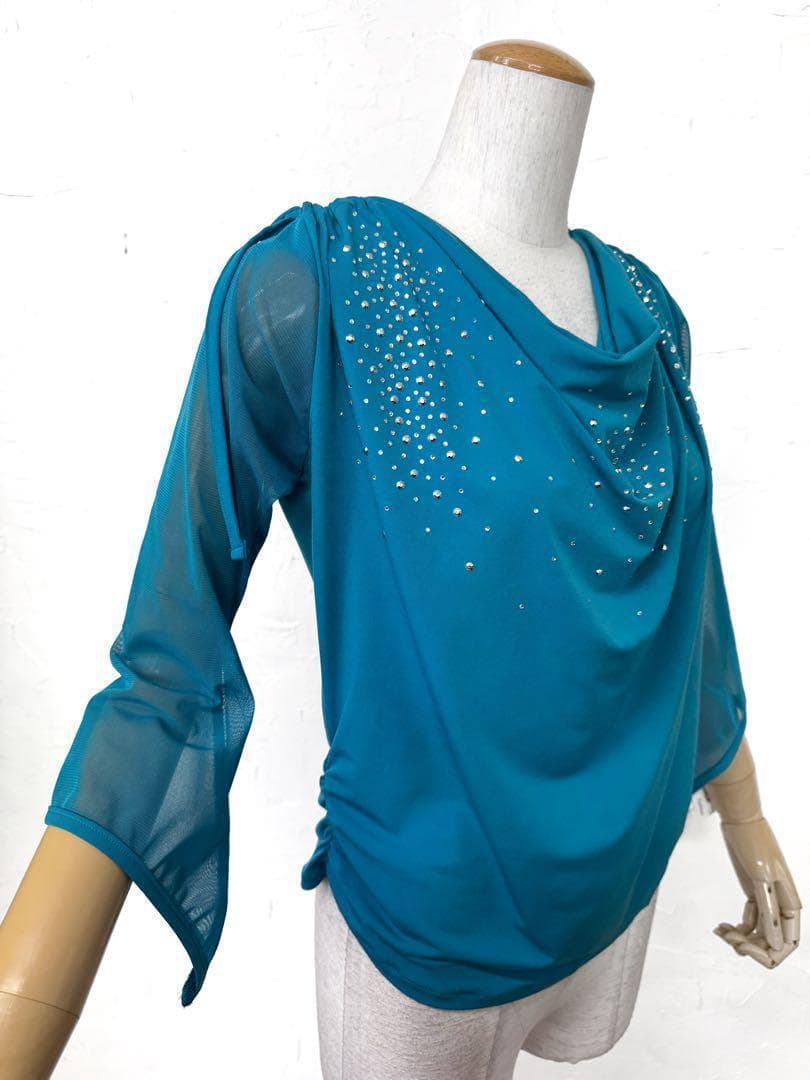 【肩幅が気になる方へ】新品　社交ダンス　ブルーグリーンカットソーｄ133