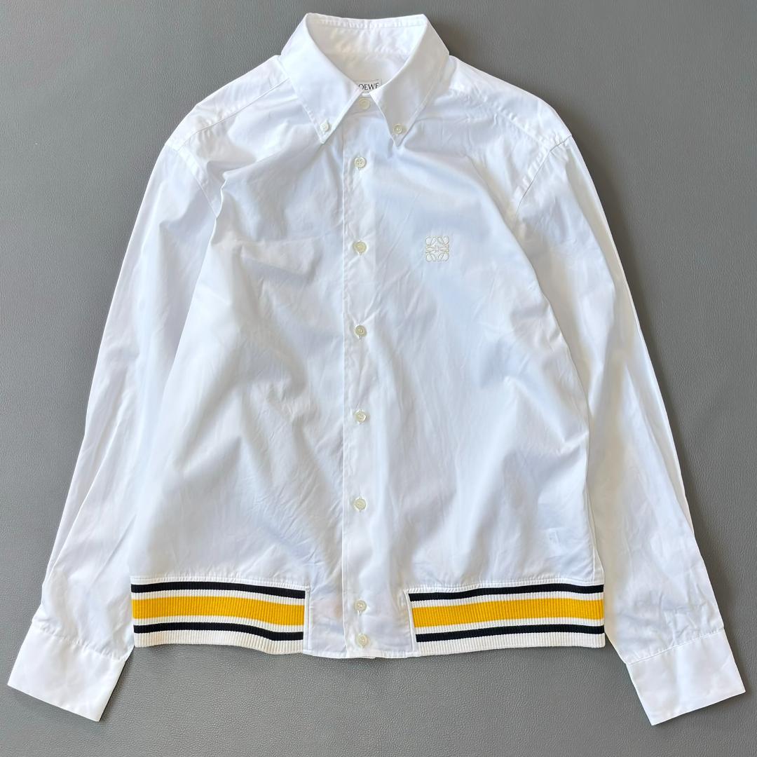 美品♪ロエベ アナグラム刺繍 長袖シャツ 裾リブ シャツジャケット 白 tu9