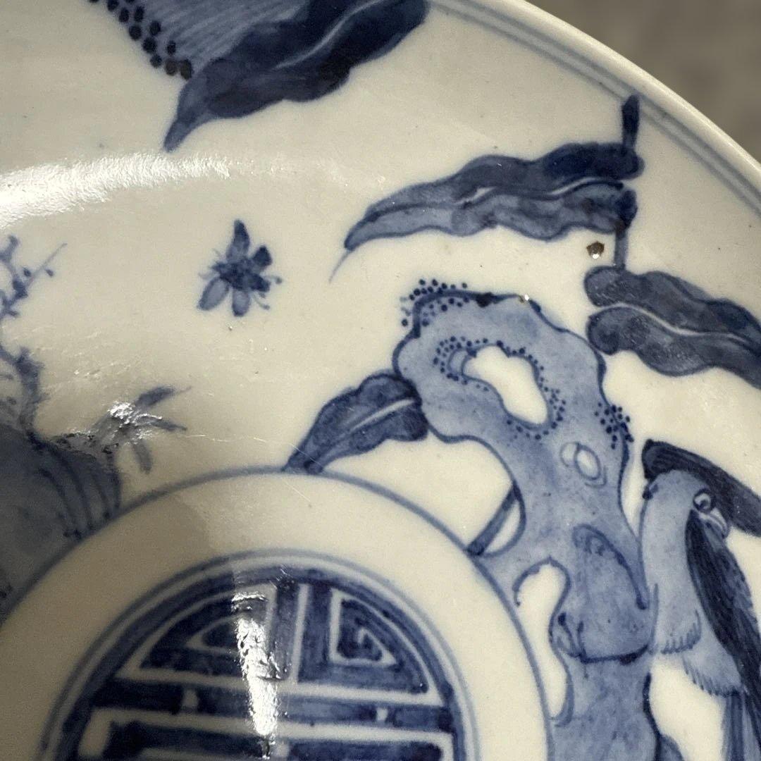 古美術　大明成化年製　青花染付け　野鳥　花中皿　1464年〜1487年作品