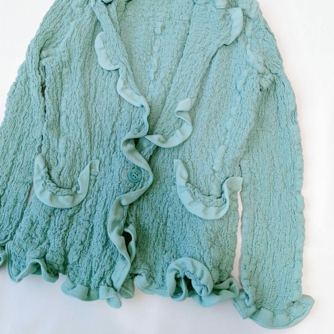 【ミー　イッセイミヤケ】プリーツ　カーディガン　フリル　シワ加工　ロゴ　羽織り