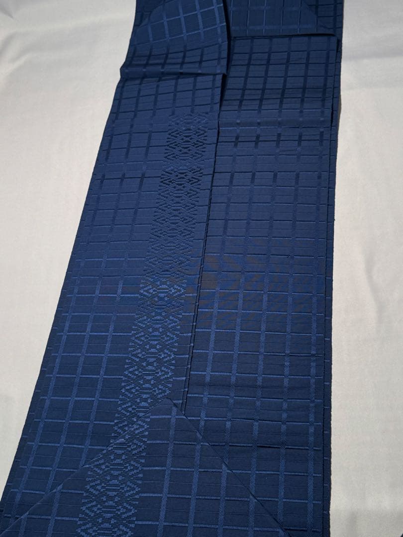 [美品] 本場筑前博多織　名古屋帯　正絹　市松　献上　博多帯　紺　青　小紋　紬