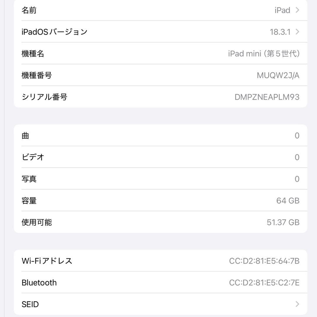 iPad mini 第5世代 スペースグレー 64GB Wi-Fiモデル