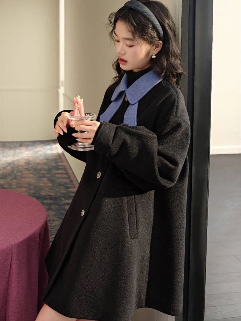 kuose ボウカラーコート　リボンカラーコート　配色　バイカラー　水色　黒