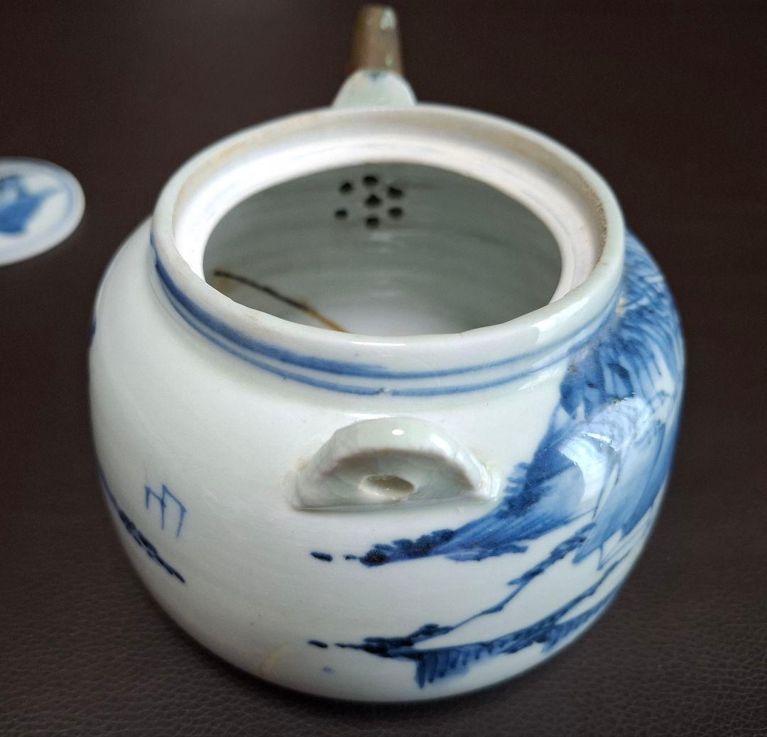 幕末　切込焼　染付山水文急須