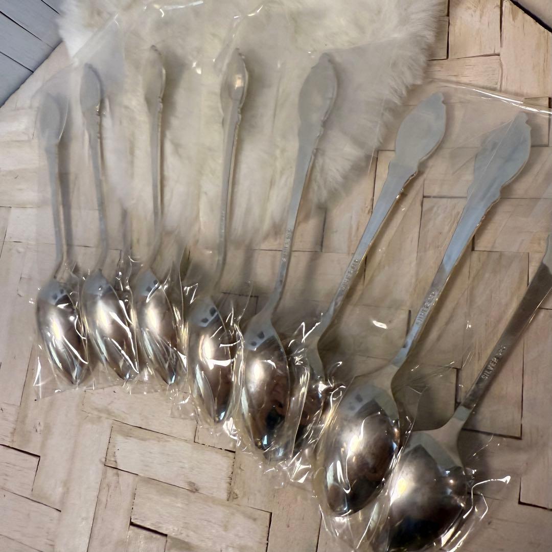 未使用♡シルバー925♡梅柄♡七宝焼スプーン♡8本セット 銀製カトラリー
